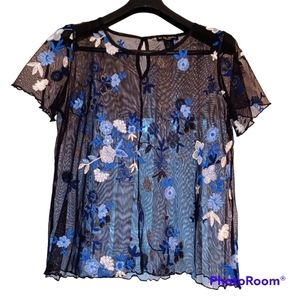 SEE YOU MONDAY Sheer Women's Black Top With Blue Flowers Size M